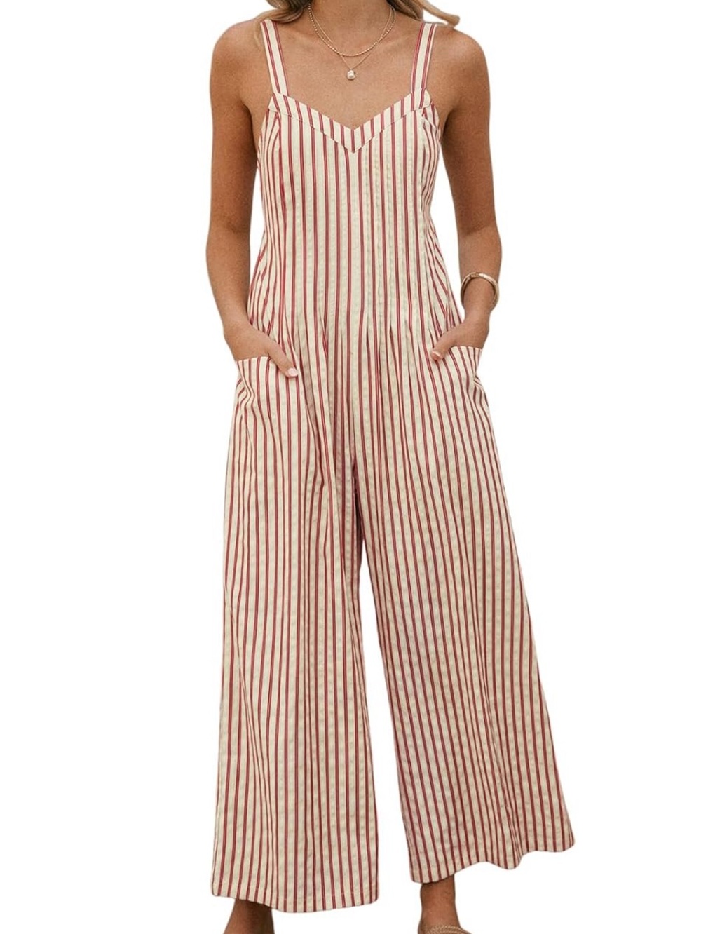 Cupshe Striped Sleeveless V-Neck Wide Leg Jumpsuit